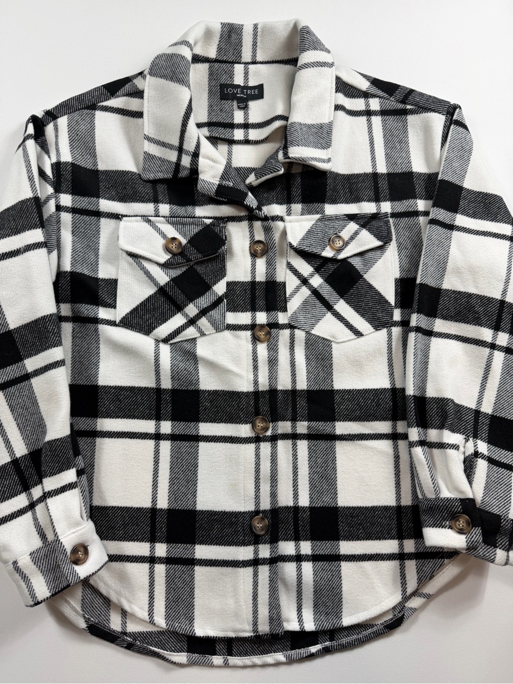 Love Tree Plaid Shacket Black White Oversized Flannel Shirt Jacket M Cabincore